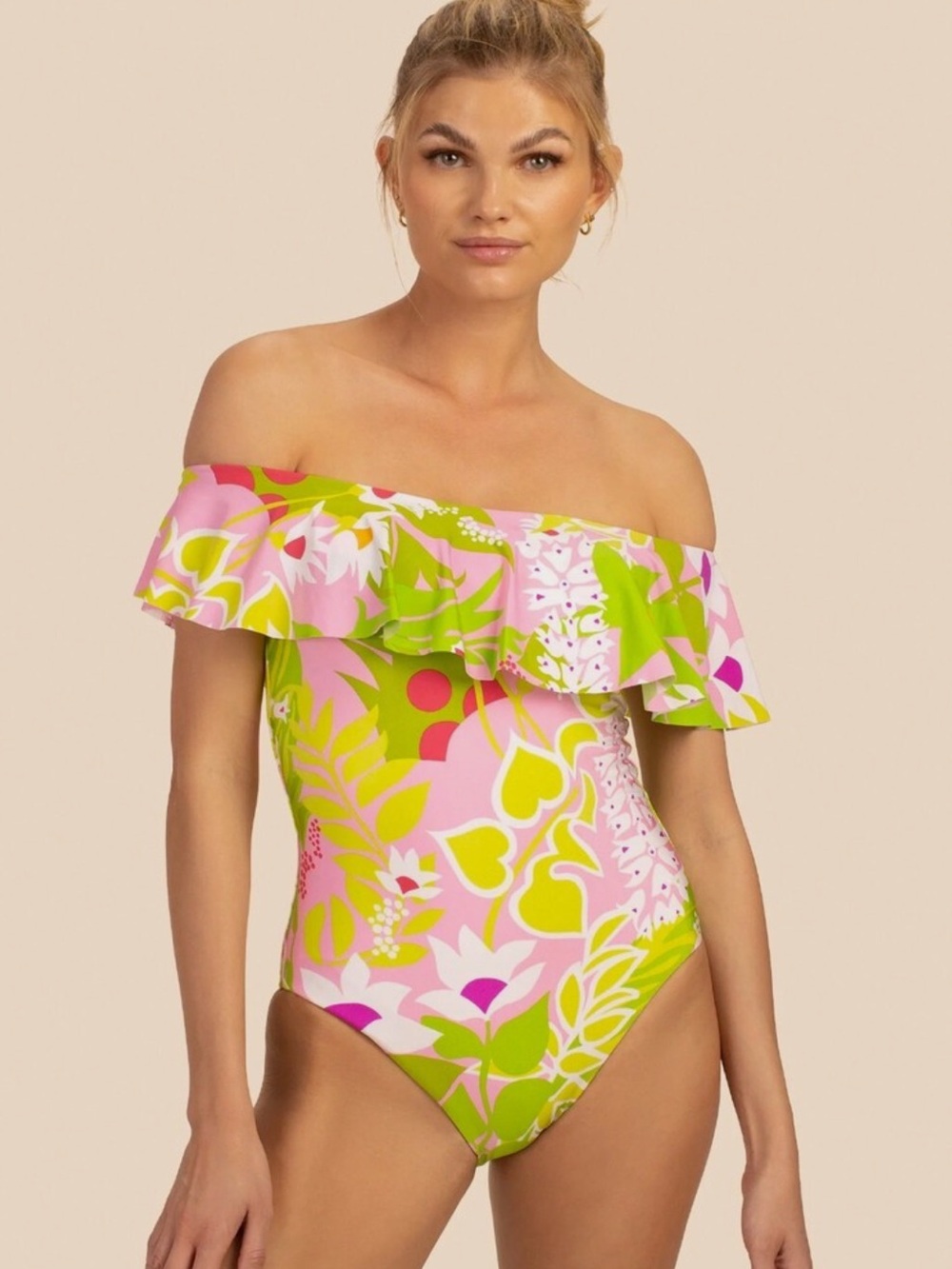 Trina Turk La Palma Off Shoulder Ruffle One Piece Swimsuit 12